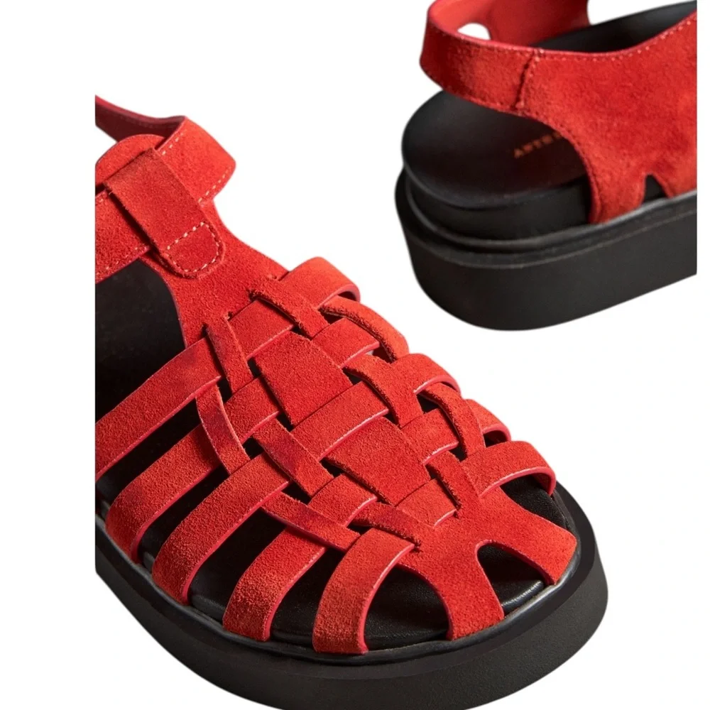 Anthropologie Red Suede Strappy Platform Sandals - Picture 3 of 7